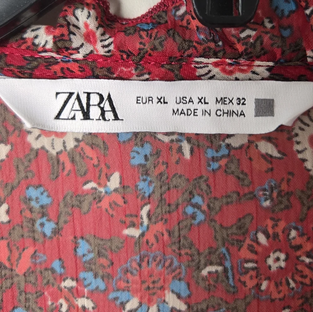 Zara Red Floral V-Neck Long Sleeve Semi Sheer Tiered Mini Babydoll Dress XL - Picture 13 of 16